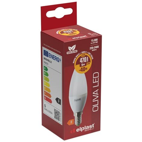 Lampadina Oliva Led Beghelli E14 - 470 Lumen - 5W  Lampadina Luce Calda - 3000K