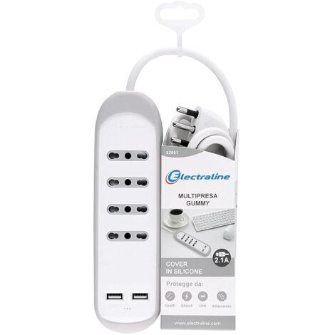 Multipresa con USB Electraline 62061 4 Prese 10/16 A + 2 USB – Copertura Silicone Antiscivolo