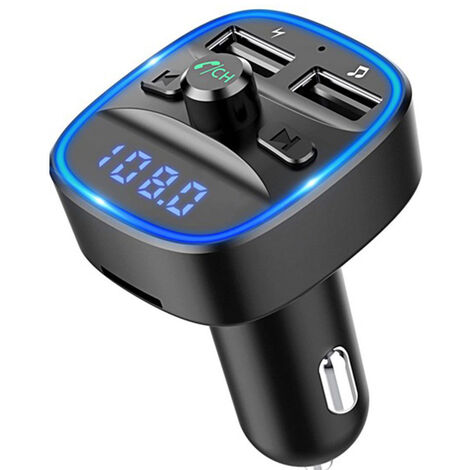 12-24V Bluetooth 5.0 Lecteur MP3 Bluetooth De Voiture,Multifonctionnel Chargeur De Voiture Bluetooth Double USBAvec LumièRe Ambiante Bleue Et Affichage LED,Diffusion Vocale Intelligente,Noir 