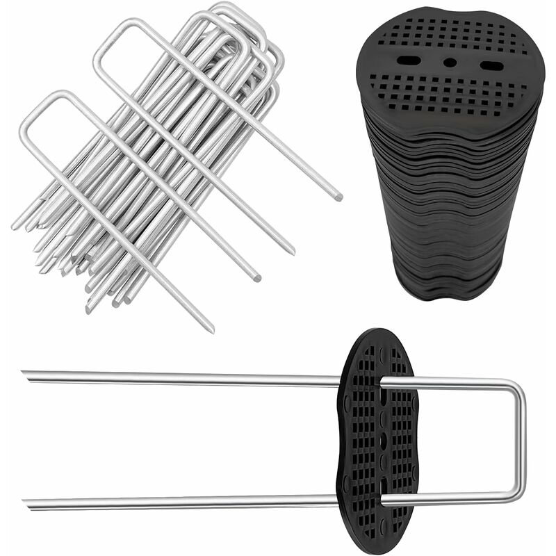 40 Piquets de Jardin avec Rondelles, Piquets de Fixation en Acier Galvanisé  pour Baches, Agraphes de Fixation de Toile de paillage - 150 MM de Long, 25  MM de Large, 2.8 MM de Diamètre-40+40