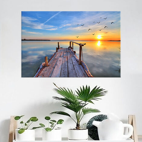 Toile de peinture sans cadre, 5 pièces, motif de coucher de soleil au bord  du lac, tableau d'art mural pour décor de salon
