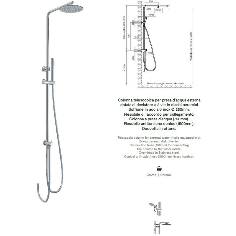 Colonna doccia telescopica presa acqua esterna cromata tonda
