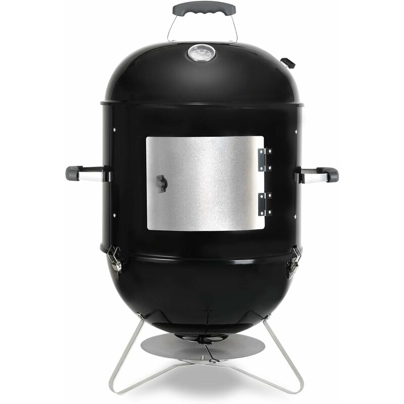 Barbacoa Ahumador, 3 en 1, Barbacoa de Carbón con Brasero de Agua, 3 Parrilla y Termómetro, Escape de aire Ajustable, Gran Capacidad, 64,5 * 47,5 * 90 cm