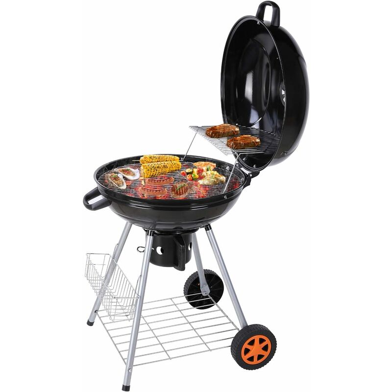 Barbacoa de carbón, Parrilla de Barbacoa con Hervidor, Carro de Barbacoa con Dos Parrillas, Colector de Hollín y Termómetro, Ventilación Ajustable, para Fiestas, Camping (58 x 58 x 87 cm)