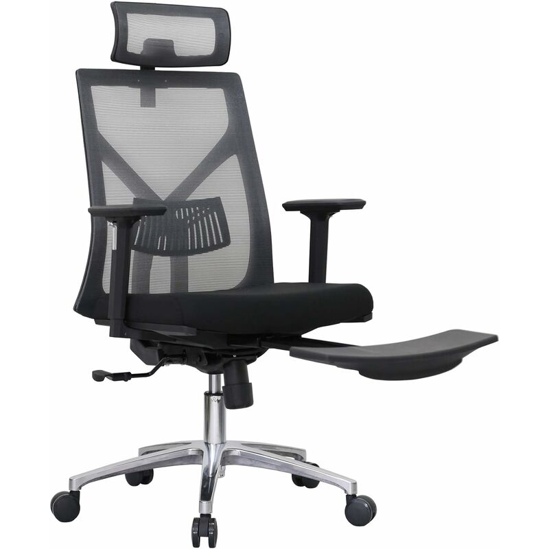 Silla Oficina Ergonómica Giratoria 360° con Reposapiés,Silla de Escritorio de Malla,Altura Regulable,Reposabrazos y Apoyabrazos Ajustables, Función de Inclinación,Carga Máx150Kg,Negro