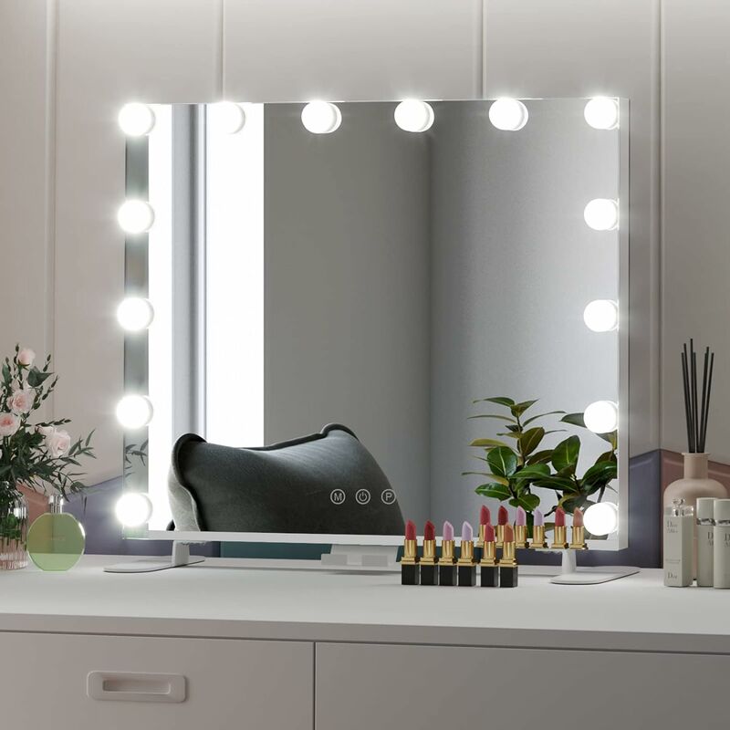BEAUTME Espejo de tocador negro con luces, espejo iluminado con 15  bombillas LED, espejo de mesa de dormitorio o espejo montado en la pared  con