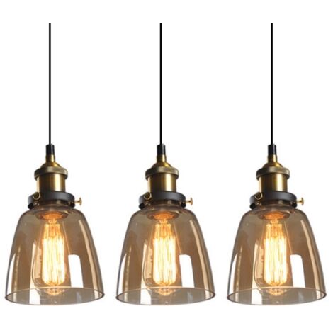 3 Piezas Lámpara Colgante Industrial Vintage Lámpara de Techo Pantalla de Cristal Colgante de Luz Ajustable Ámbar Ø14cm