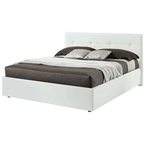 Doppelbett mit Container aus weißem Kunstleder 182x205xh.120 cm