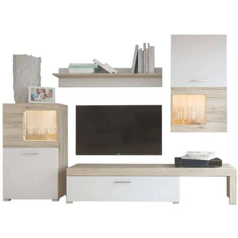 Mueble de pared Adams, Conjunto modular de salón esquinero, Mueble de salón  multiposición con luz LED, 260x41h180 cm, Roble y Blanco