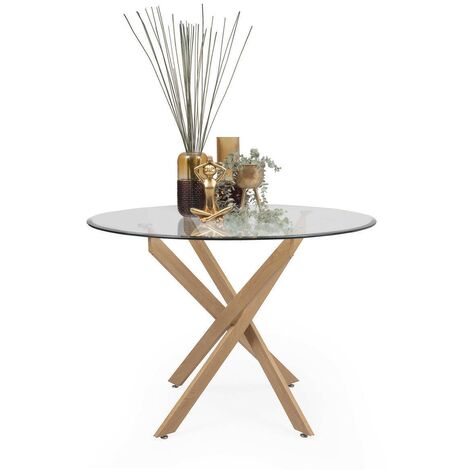 Mesa de comedor redonda DALILA, cristal templado,  estructura metálica en acabado madera, de 110x73 cm