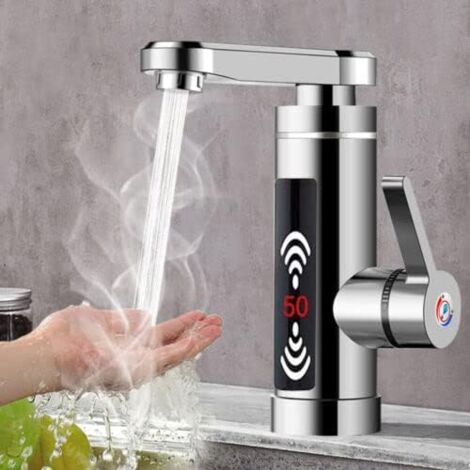 Warmwasserhahn 25-60°C, Elektroheizung 3000 W, Durchlauferhitzer, 360° drehbar, Durchlauferhitzer mit LED-Anzeige für Bad und Küchenspüle