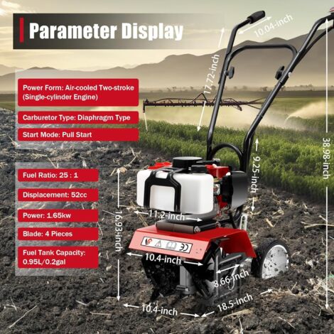 Gartenfräse Benzin 52cc, 1700W, 6500-7000 U/min – Mit 4 Messern, Bearbeitungsbreite 30 Cm, Verstellbar, Für Bodenbearbeitung & Anbau