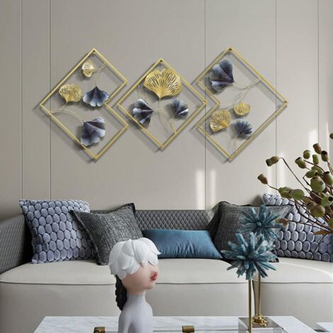 Lot von 3 goldenen Wanddekorationen - Ginkgo - Wanddekoration aus Metall - Moderne Wanddekoration aus Schmiedeeisen - Hohle Wanddekoration für Wohnzimmer, Schlafzimmer
