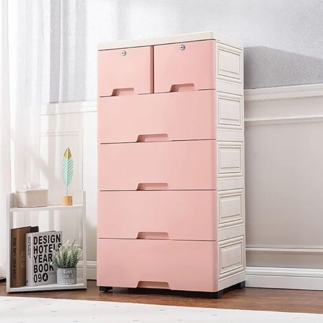 Kommode mit Kunststoffschubladen, 6 Schubladen, Kleiderschrank aus Kunststoff, Aufbewahrungsschrank mit 4 Rollen, für Kleidung, Spielzimmer, Schlafzimmer.(Rosa)