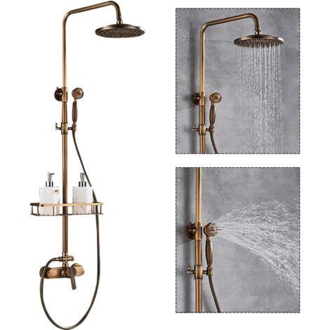 Altmessing-Duschsystem - Retrogold - Duschsäule - Duschkopf mit Ablagebord - Höhenverstellbar 75-120 cm
