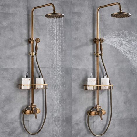 Altmessing-Duschsystem - Retrogold - Duschsäule - Duschkopf mit Ablagebord - Höhenverstellbar 75-120 cm