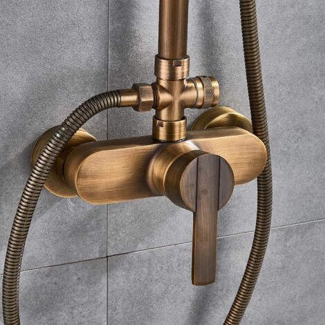 Altmessing-Duschsystem - Retrogold - Duschsäule - Duschkopf mit Ablagebord - Höhenverstellbar 75-120 cm