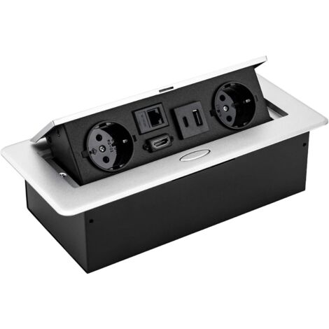 Einziehbare Tischsteckdose – Mit 2x Schuko, USB-A+C, LAN & HDMI, Silberfarben, Pop-up Design
