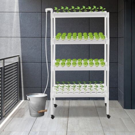 4-stufiges System für den Anbau ohne Erde, 12 Röhren und 108 Löcher, mit 12 Pflanzröhren, 4-stufige Hydrokulturanlage, Pflanzsystem mit Körben, Kufen und Rollen.