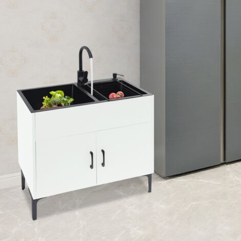 Spülenschrank mit Spüle und Wasserhahn aus Edelstahl, Doppelspüle für die Küche, praktischer und geräumiger Spülenschrank mit den Maßen 75 x 41 x 78 cm, geeignet für Küche, Bad und Garage, weiß