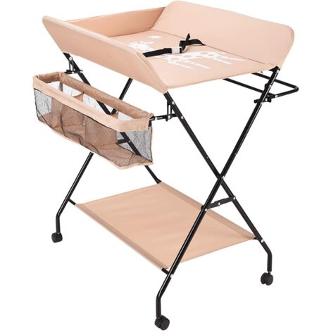 Zusammenklappbarer Wickeltisch für Babys, mit seitlichem Aufbewahrungskorb, Belastbarkeit bis zu 25 kg, zusammenklappbar, geeignet für Babys von 0 bis 12 Monaten (mit Rollen, khakifarben)