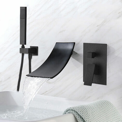 Schwarz Wasserhähne Mischbatterie Badewannenarmatur Wannenrandarmatur Wasserfall Wasserhahn mit Handbrasue Wandmontage (1/5)