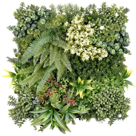 Floordirekt – Mur végétal Rhea 50 x 50 cm – Plastique robuste – Système d'assemblage par clic – Sans entretien – Design avec feuillage et fleurs blanches
