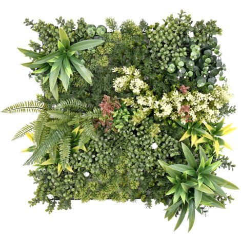 Floordirekt – Mur végétal Rhea 50 x 50 cm – Plastique robuste – Montage simple par clic – Design avec feuillage vert et fleurs blanches