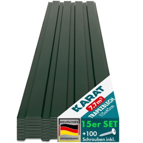 Floordirekt – Lot de 15 tôles trapézoïdales en tôle galvanisée 0,25 mm – Dimensions 115 x 45 cm – Fixations incluses – Couleur vert RAL 6005