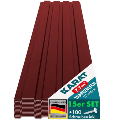Karat – Lot de 15 tôles de toiture métallique trapézoïdales 115 x 45 cm – Fixations incluses – Résistantes aux intempéries – Couleur rouge RAL 3002