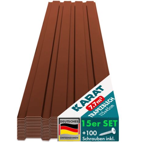 Karat – Lot de 15 tôles de toiture métallique trapézoïdales 115 x 45 cm – Fixations incluses – Résistantes aux intempéries et aux UV – Marron