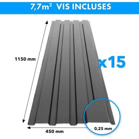 Lot de 15 tôles trapézoïdale tôles Tôle avec vis Épaisseur 0,25 mm, 115 x 45 cm, Noir