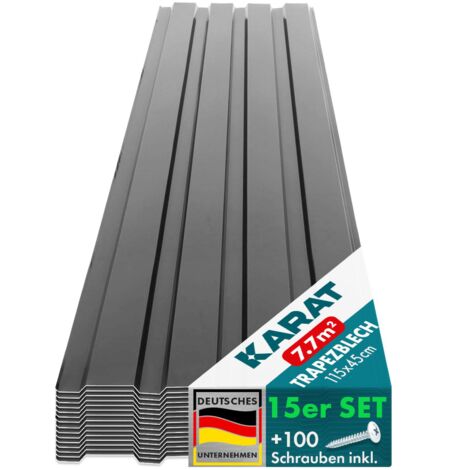 Floordirekt – Tôles de toiture métallique trapézoïdales 15 pièces – Fixations incluses – 115 x 45 cm – Résistantes aux intempéries – Gris foncé