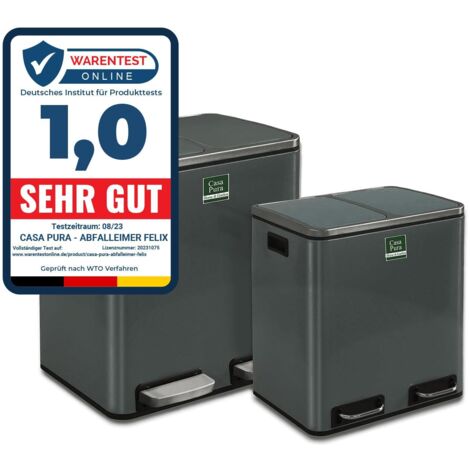 Casa Pura – Poubelle à pédale 2 x 30 litres – Système de séparation des déchets – Amortisseur de fermeture – Acier inoxydable anthracite