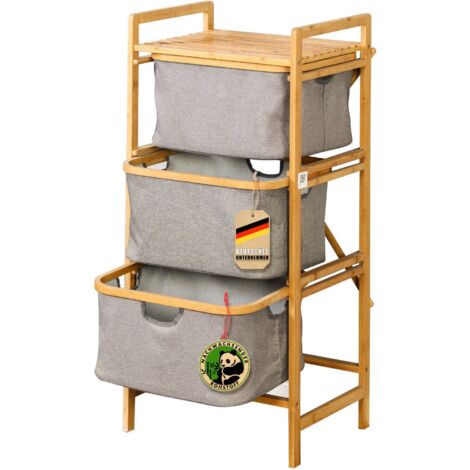 Floordirekt – Panier à linge en bambou 3 compartiments – Dimensions 33 x 44 x 96 cm – Paniers textiles amovibles – Résistant aux odeurs