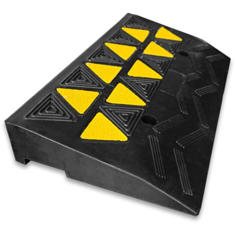 Floordirekt – Rampe de seuil antidérapante en caoutchouc recyclé 50 x 28 x 8 cm – Pour fauteuils roulants et chariots légers – Marquages de sécurité noir-jaune (1/4)