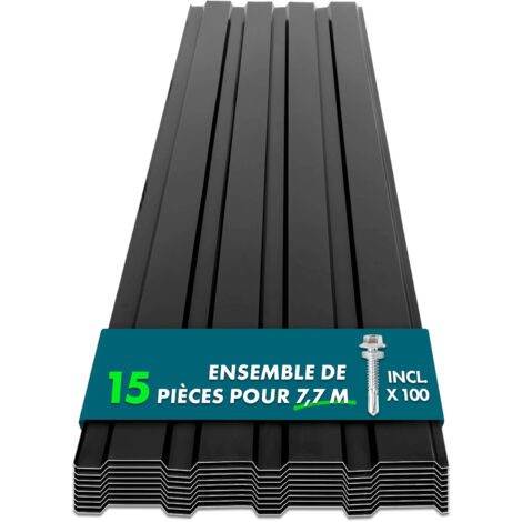 Lot de 15 tôles Couverture métallique Tôle avec vis Épaisseur : 0.25 mm, 115 x 45 cm, Noir