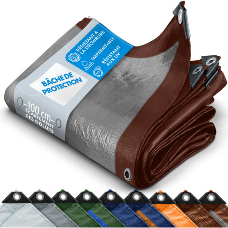 Toile multiusage avec Oeillets imperméable 80 g/m² Marron / argent 6 x 1,5 m