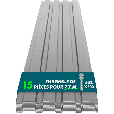 Lot de 15 tôles Couverture métallique Tôle avec vis Épaisseur : 0.25 mm, 115 x 45 cm, Gris clair