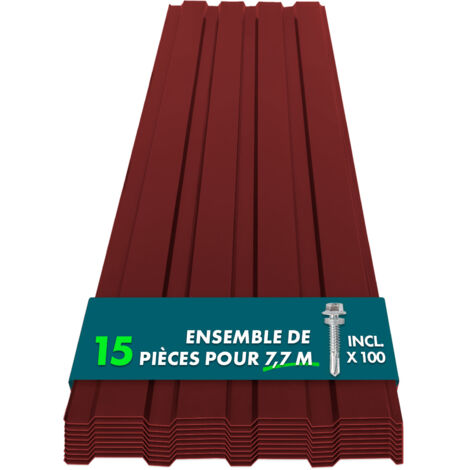 Lot de 15 tôles Couverture métallique Tôle avec vis Épaisseur : 0.25 mm, 115 x 45 cm, Rouge