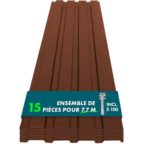 Lot de 15 tôles Couverture métallique Tôle avec vis Épaisseur : 0.25 mm, 115 x 45 cm, Marron