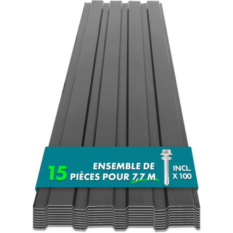 Lot de 15 tôles Couverture métallique Tôle avec vis Épaisseur : 0.25 mm, 115 x 45 cm, Gris foncé