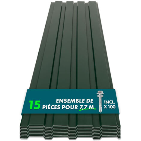 Lot de 15 tôles Couverture métallique Tôle avec vis Épaisseur : 0.25 mm, 115 x 45 cm, Vert