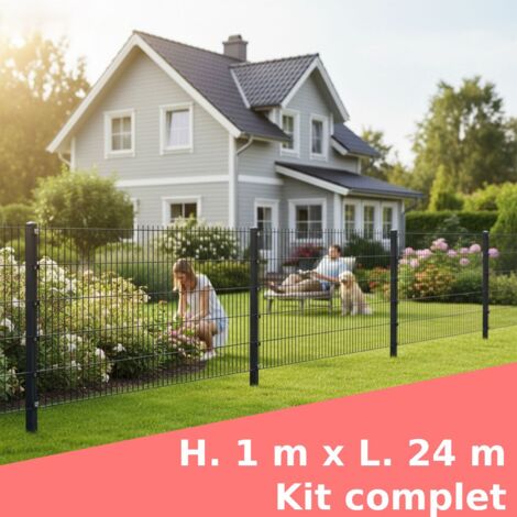 Grillage rigide, 100 x 2400 cm, Kit inclus 12 x Panneaux double barreau 103x201cm et 13 x poteaux 160 cm