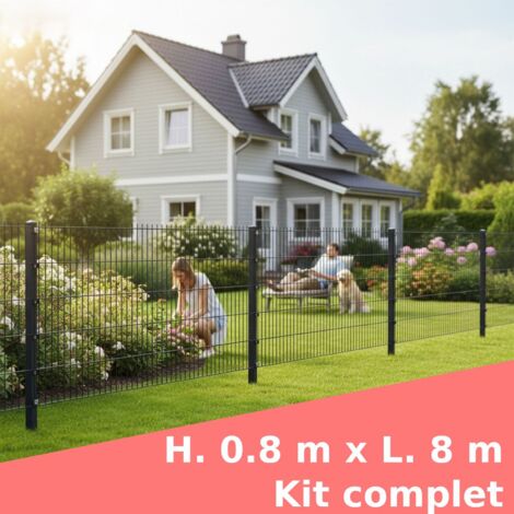 Grillage rigide, 80 x 800 cm, Kit inclus 4 x Panneaux double barreau 83 x 201 cm et 5 x poteaux 140 cm