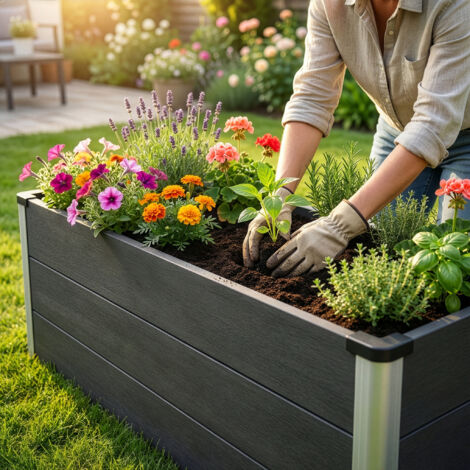 Floordirekt – Potager surélevé en WPC 150 x 50 x 45 cm – Résistant aux intempéries – Installation directe sur sol naturel – Couleur anthracite
