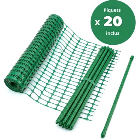 Kit Barrière de Sécurité Chester Vert - Kit complet 50m, Filet avec 20 piquets et colliers de serrage