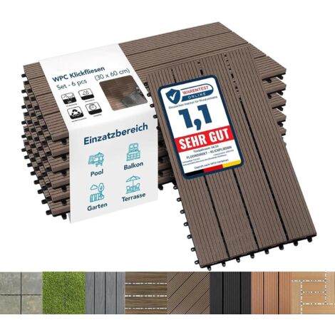 Floordirekt – Dalles de terrasse WPC marron foncé 60 x 30 cm – Lot de 6 – Système de clic – Résistantes aux intempéries – Fonction de drainage