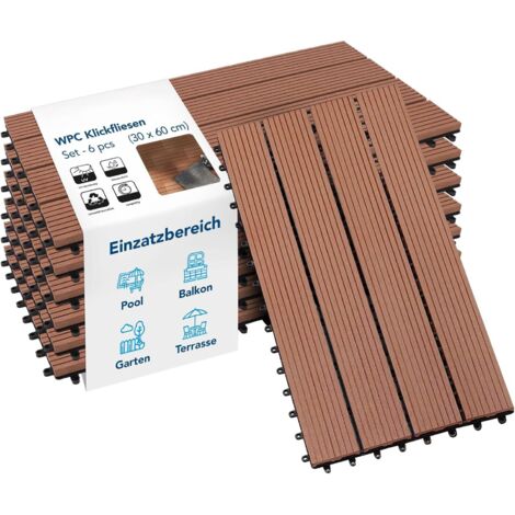 Floordirekt – Dalles de terrasse WPC marron clair 60x30 cm – Lot de 6 – Résistantes aux intempéries – Système de clic pour pose rapide