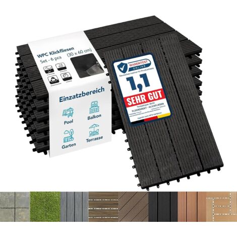 Floordirekt – Dalles de terrasse WPC 60 x 30 cm – Lot de 6 – Couleur anthracite – Résistantes aux intempéries et aux moisissures – Système de clic